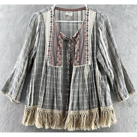 Knox Rose Blouse Womens Sz L Open-Front Cardigan Embroidered Crochet Trim Fringe - Picture 1 of 12